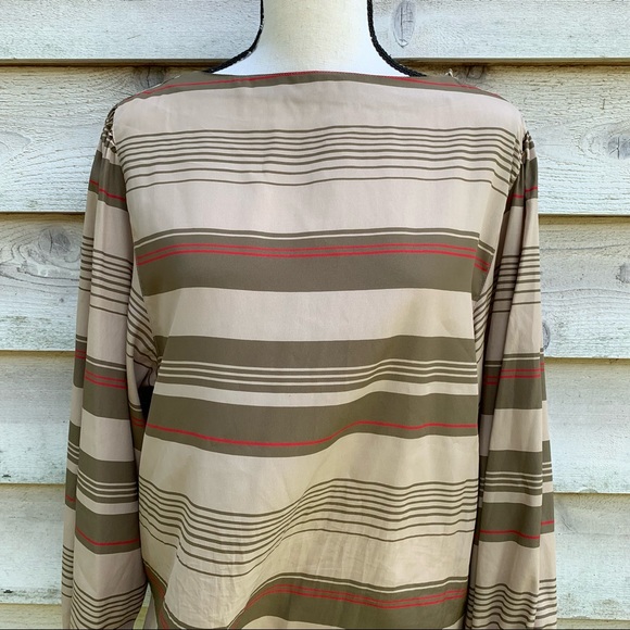 Vintage 80s Tan Striped Boat Neck Collarless Long Sleeve Popover Semi Sheer Top - Picture 7 of 16